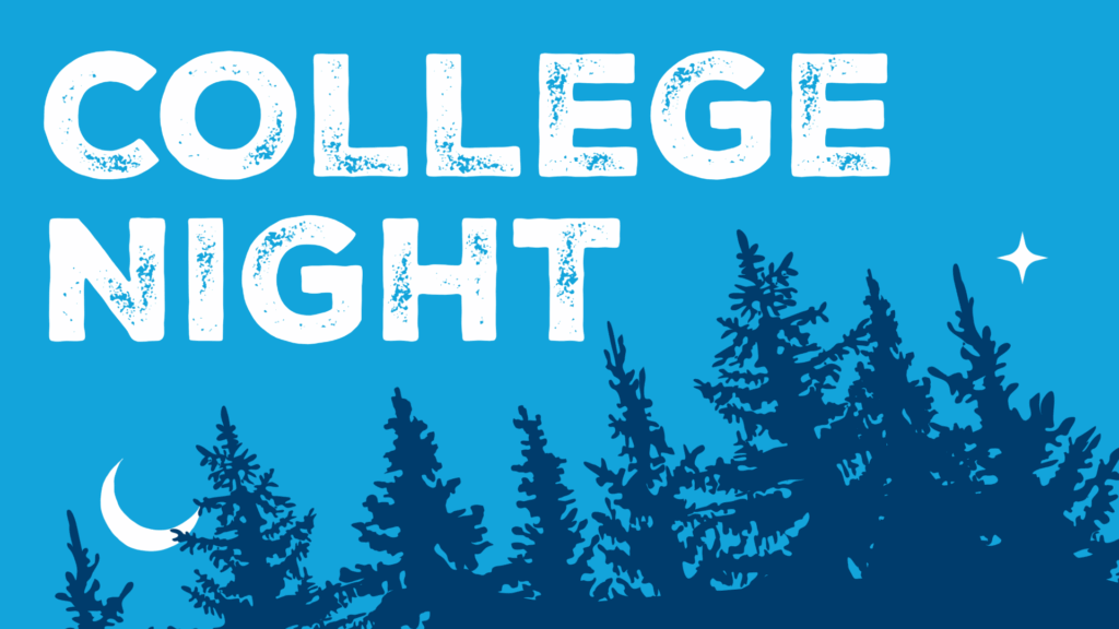 College Night text over blue night sky illustration and tree silhouettes