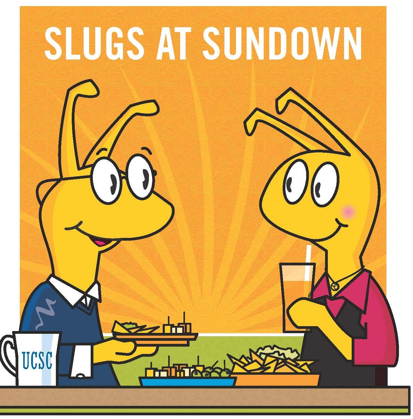 Slugs at Sundown, two slugs enjoying appetizers and networking
