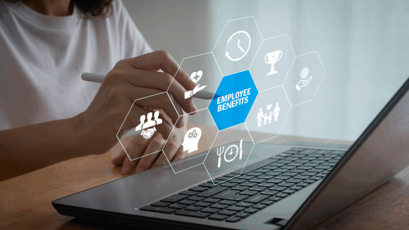 Floating AI screen with web of HR icons.