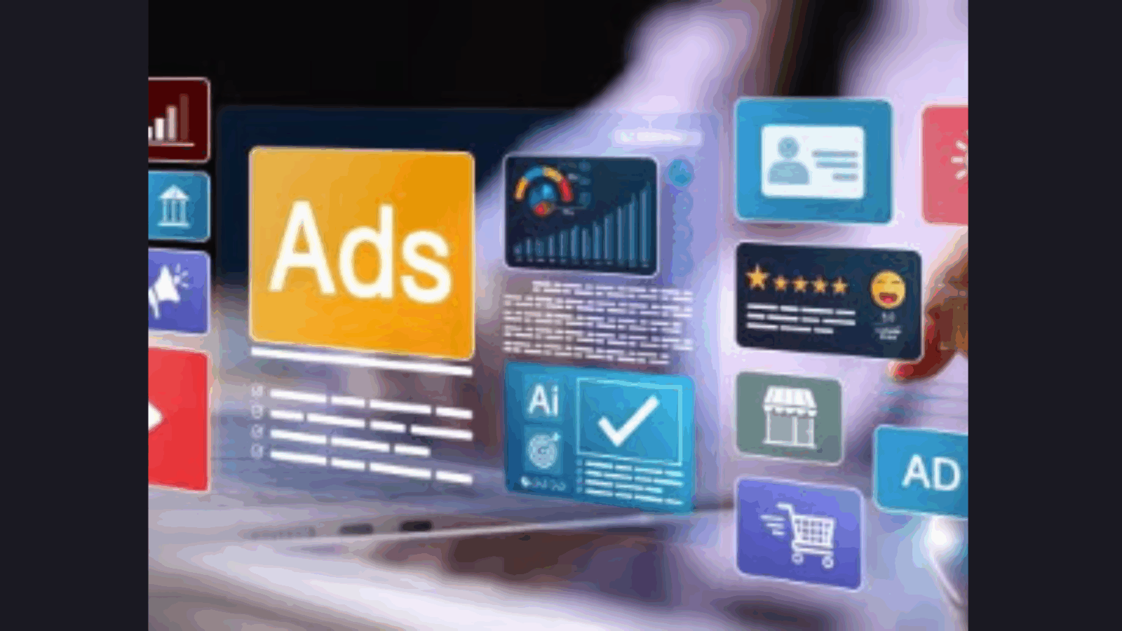 Transparent screen with colorful marketing terms populating screen.