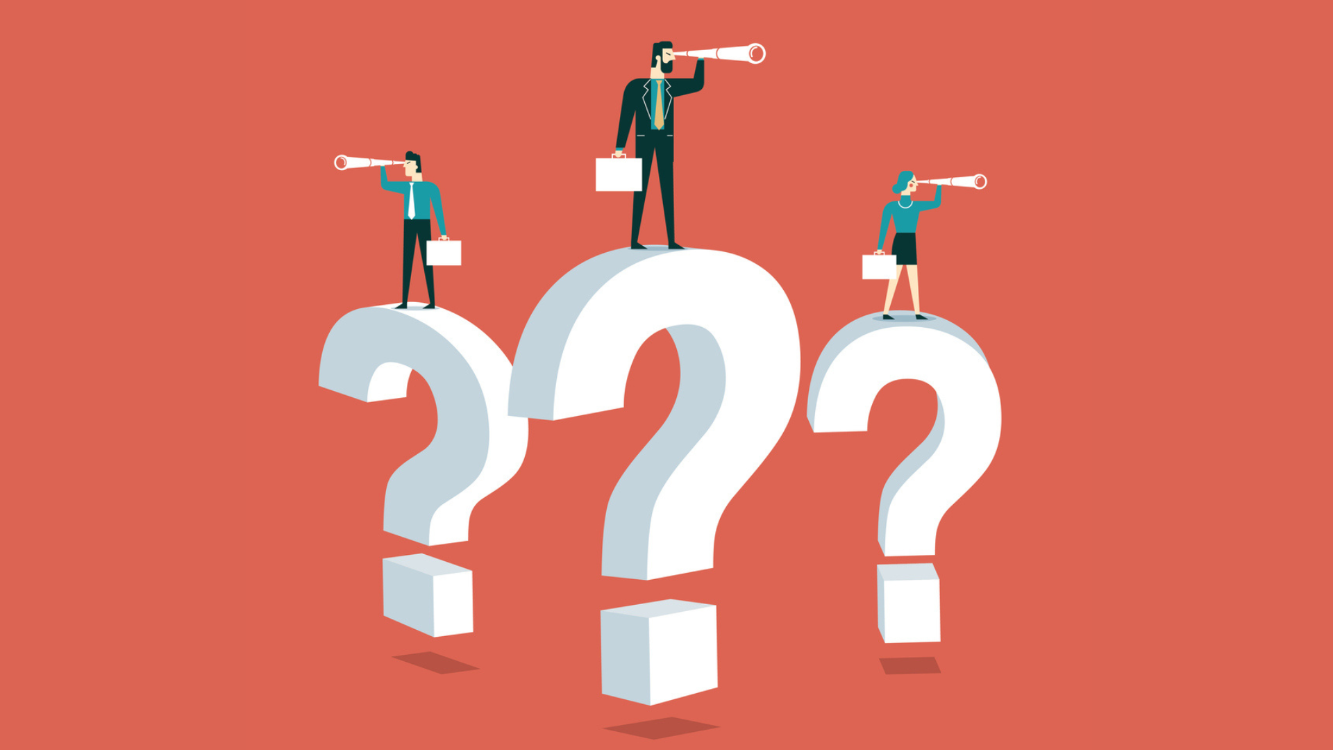 Three figurs standing atop of three question marks holding telescopes.