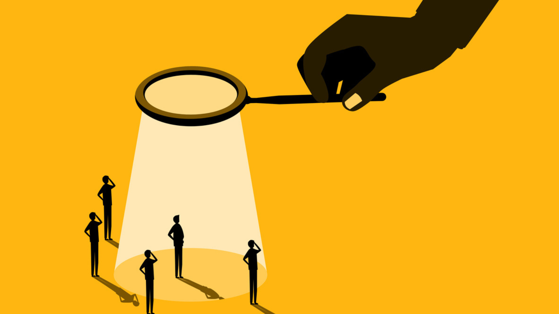 Hand shining magnifying glass above five figures below.