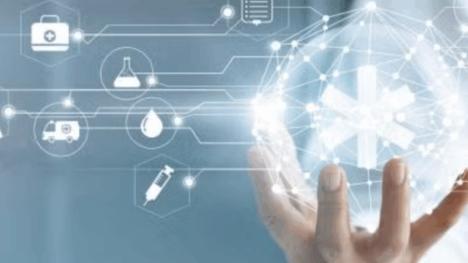 Hand holding a translucent bubble with medical icons floating nearby.