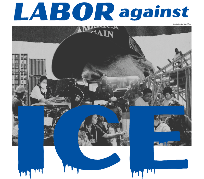 Images of workers at their jobs and federal agents in the background