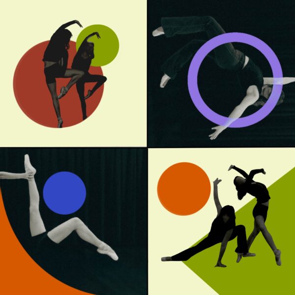 grid of dancer silhouettes in four squares with off-white and black backgrounds, and blue, orange and purple circles