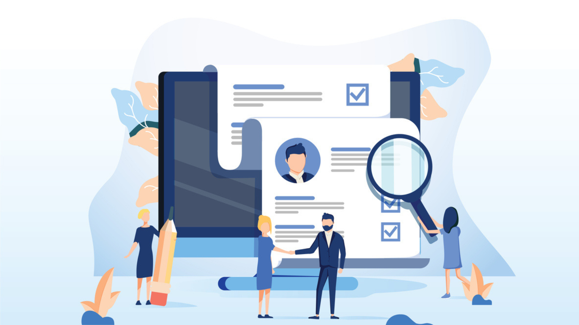 Illustration of people looking at large resume.