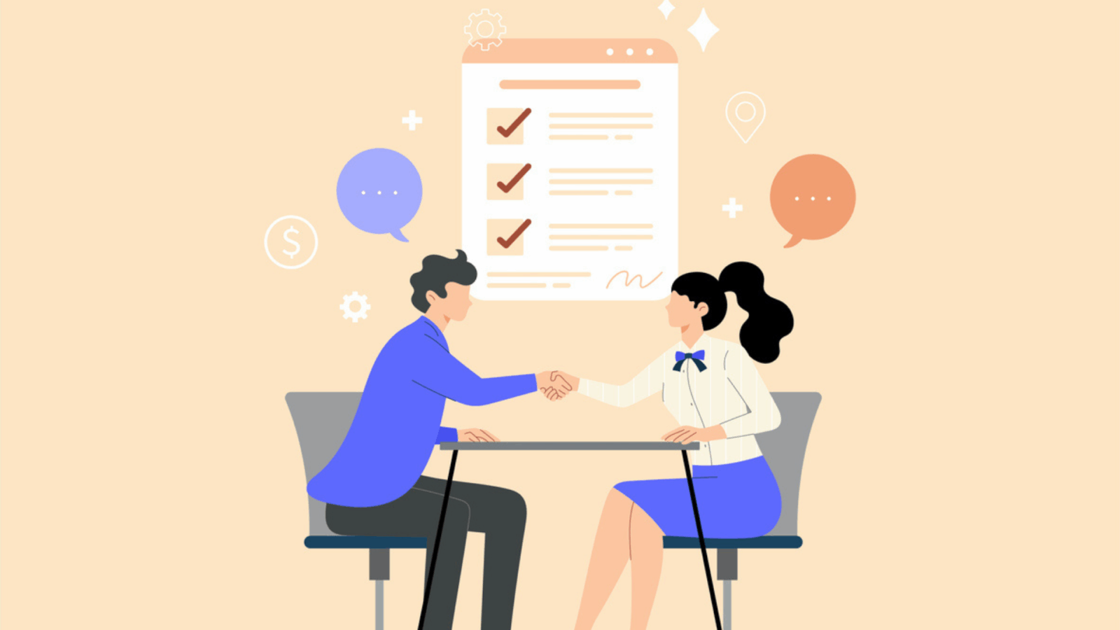 Illustration of two people sitting at a desk with a checklist hanging behind them.