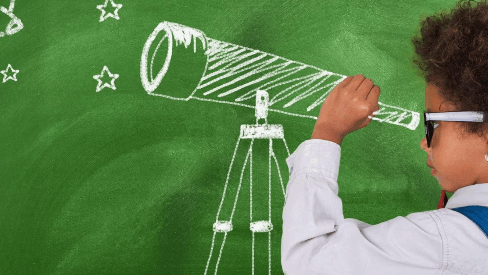 Child looking through an illustrated telescope.