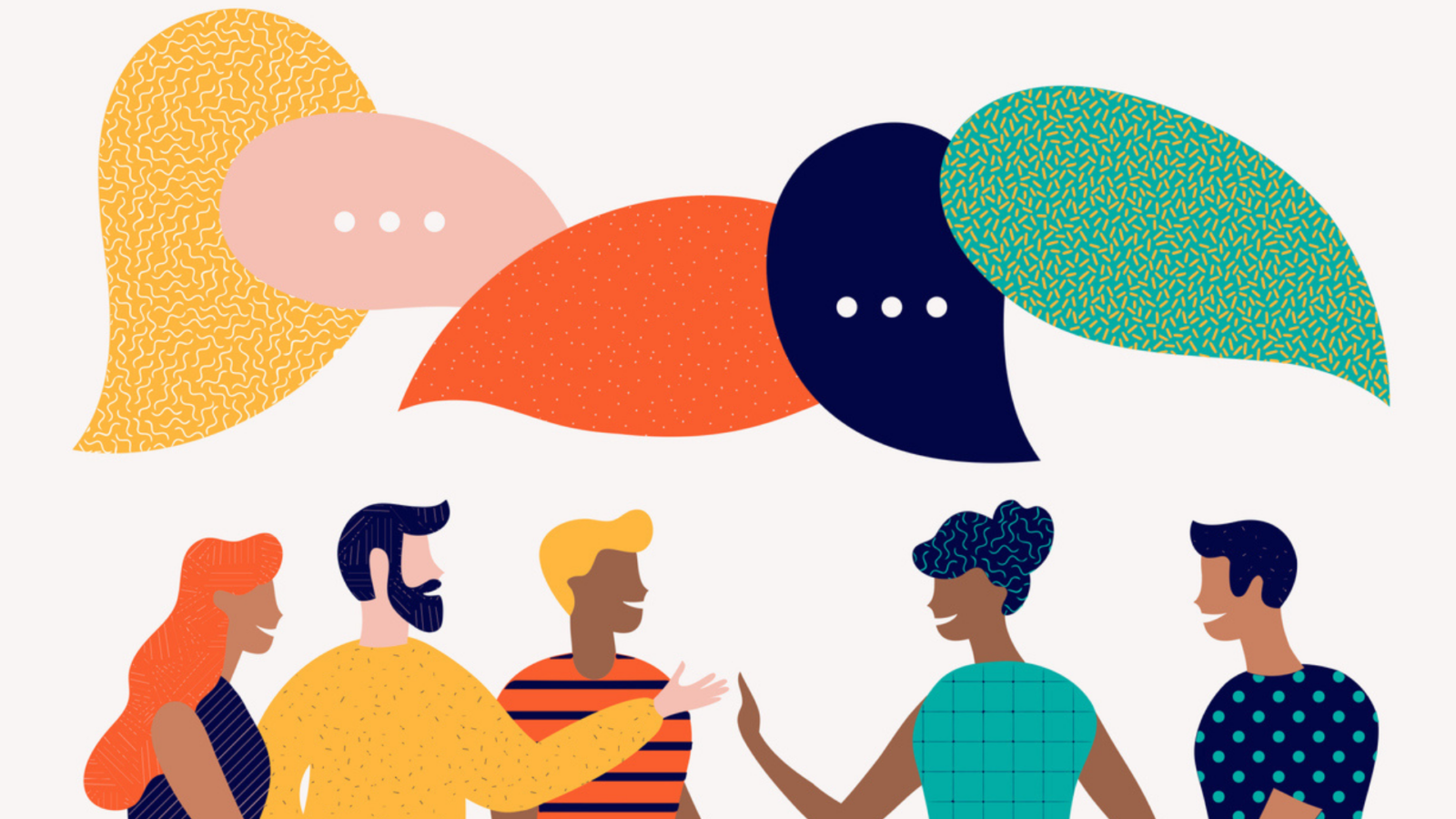 People talking in a group with word bubbles above their head.