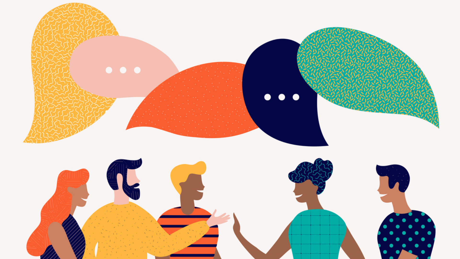 People talking in a group with word bubbles above their head.