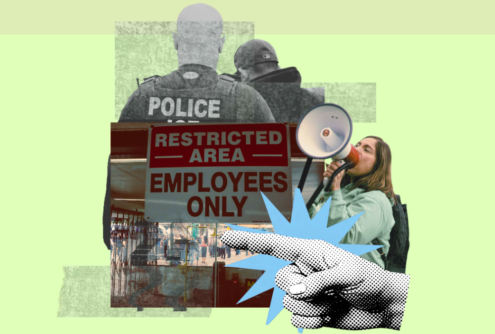 Collage with ice agents and protester with megaphone