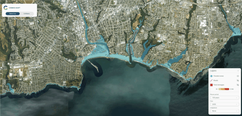 CoSMoS map showing projected flood areas of Santa Cruz in the next 100 years