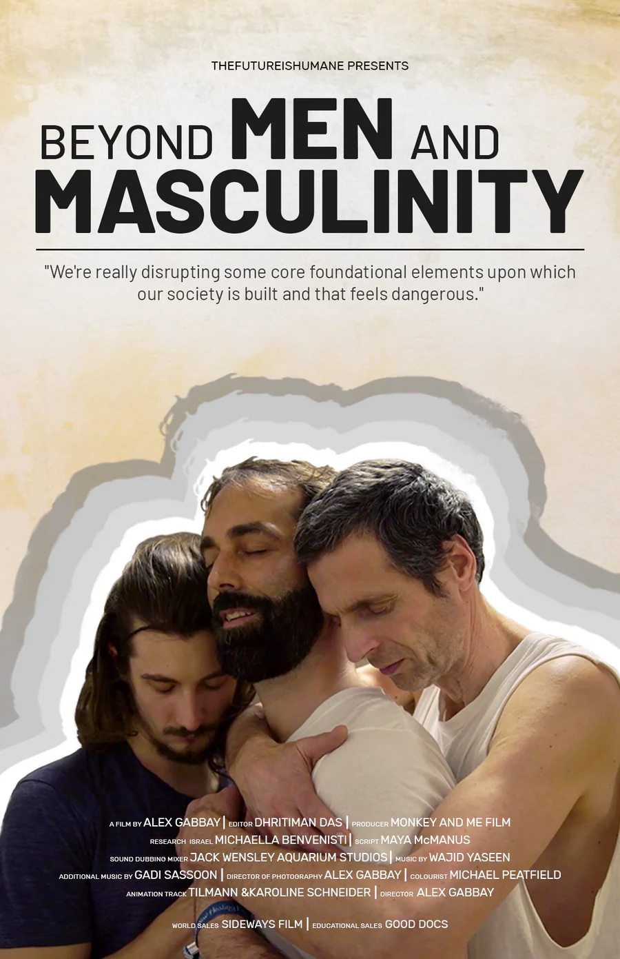 Film poster for Beyond Men & Masculinity with the film title and an image of three people hugging.