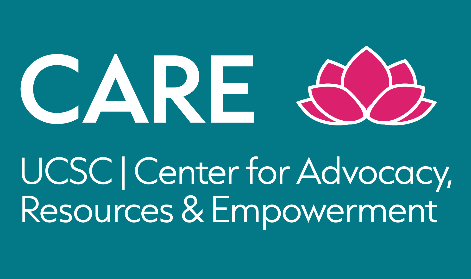 CARE logo in white, with a pink lotus shape to the right.