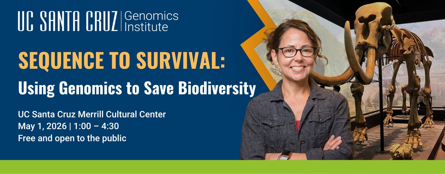Beth Shapiro next to the skeleton of a mammoth, with the title "Sequence to Survival: Using Genomics to save biodiversity"