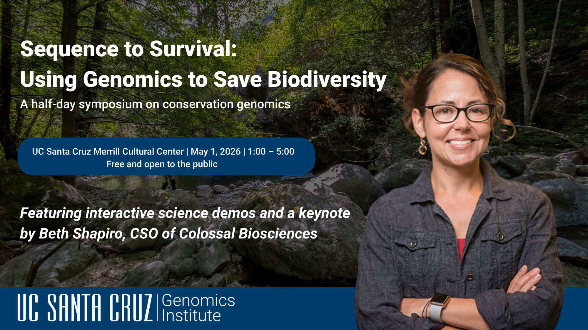 Event title listed next to an image of Beth Shapiro, standing with her arms crossed.