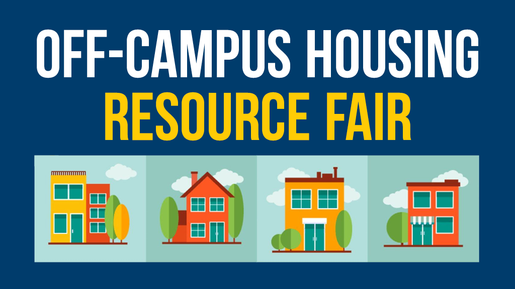 Off-Campus Housing Resource Fair graphic showing a variety of illustrated residences