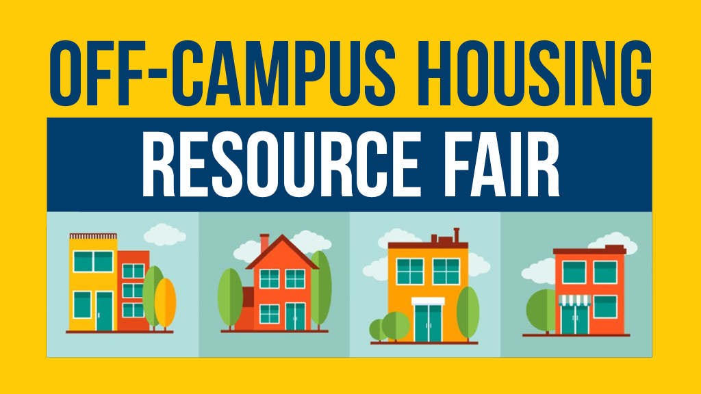 Off-Campus Housing Fair graphic with illustrations of residences