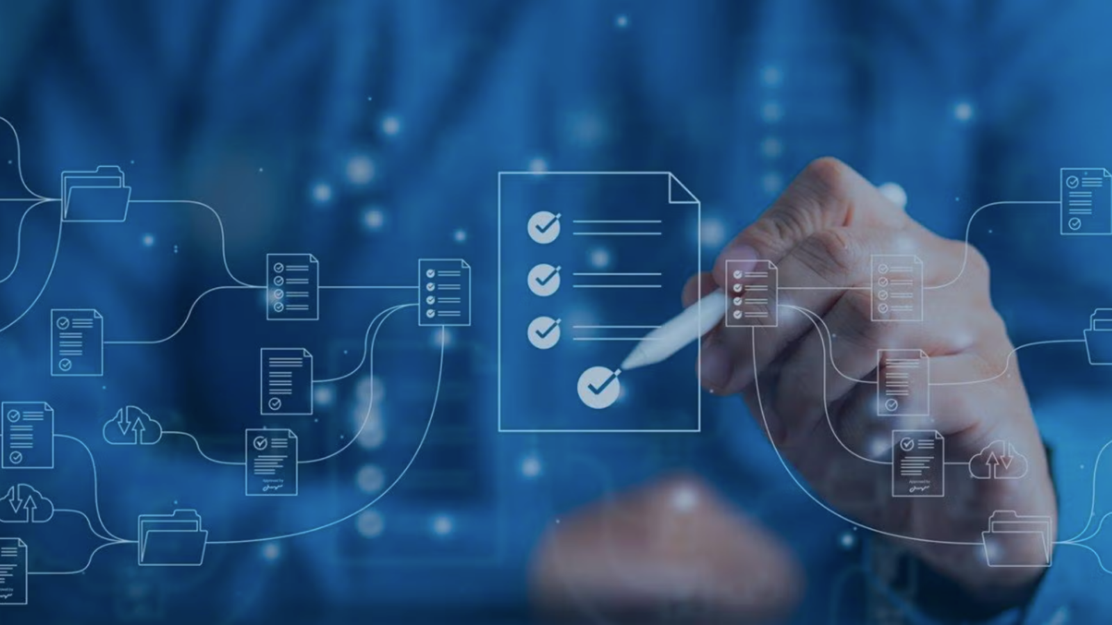 Hand holding stylus pen towards clear screen.