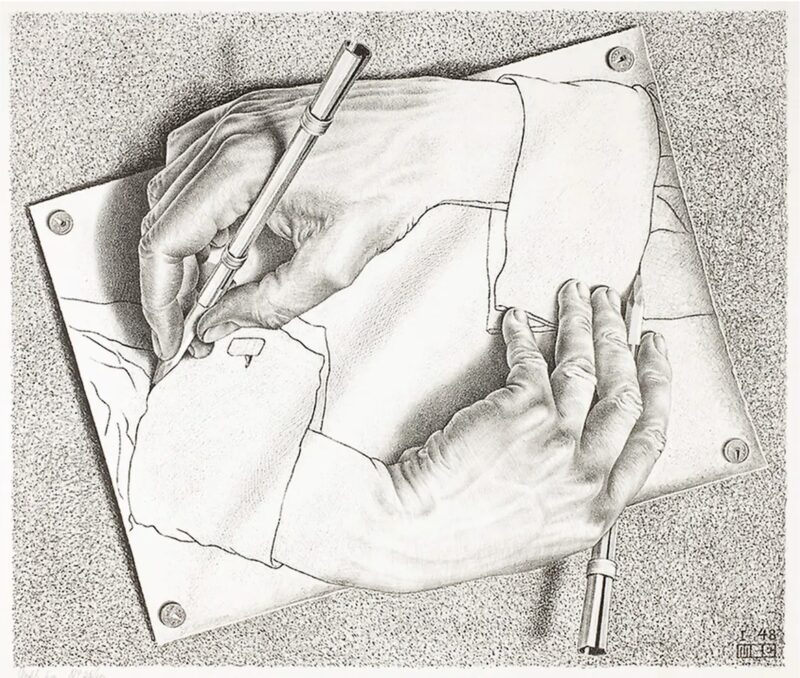 drawing of two hands drawing each other