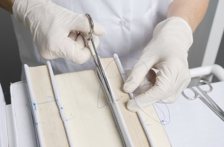 globed hands surgically stitching books