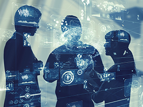 Three silhouetted figures talking, overlaid with graphics of digital data, charts, and technology interfaces.