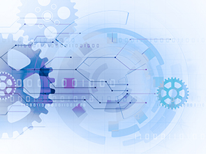 Abstract digital illustration featuring gears and interconnected technology elements.