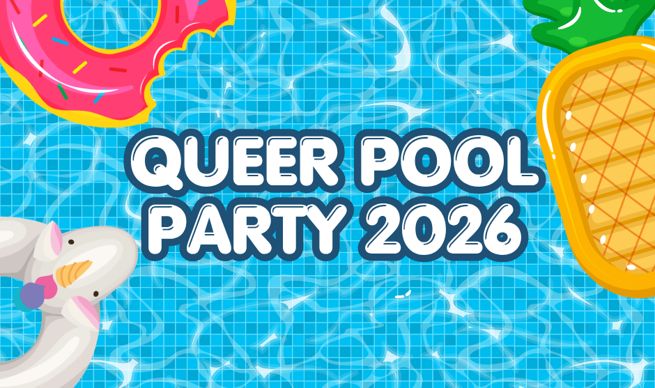 Illustration of a swimming pool with various colorful floats, including a donut, a pineapple, and a swan, with the text "Queer Pool Party 2026" centered in the middle.