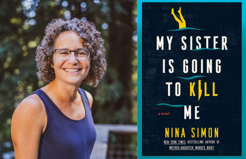 Nina simon next to an image of her book my sister is going to kill me
