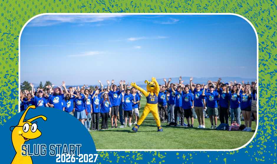 Slug Start 2026-27 promotional graphic featuring Mascot Sammy the Slug I forground with crowd of new UCSC students wearing matching blue tshirts in background on upper east field of campus.