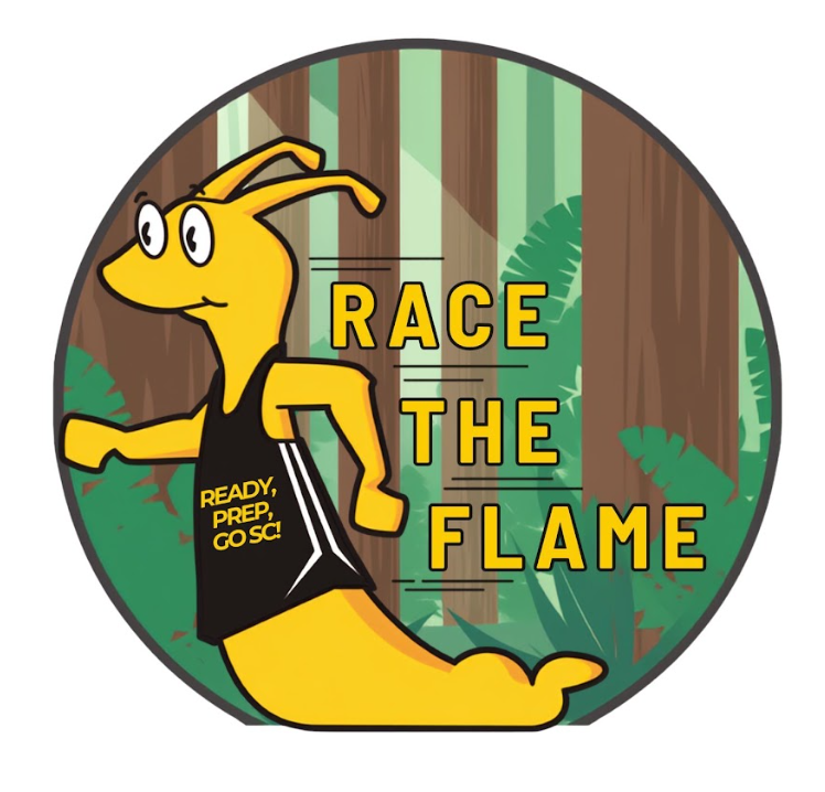 Race the Flame logo with Sammy the Slug racing through the forest and jersey reading "ready, prep, go SC!"