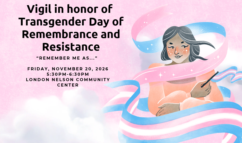 pink background with black letters sharing event information; includes image of person surrounded by trans flag colors (pink, white, and blue)
