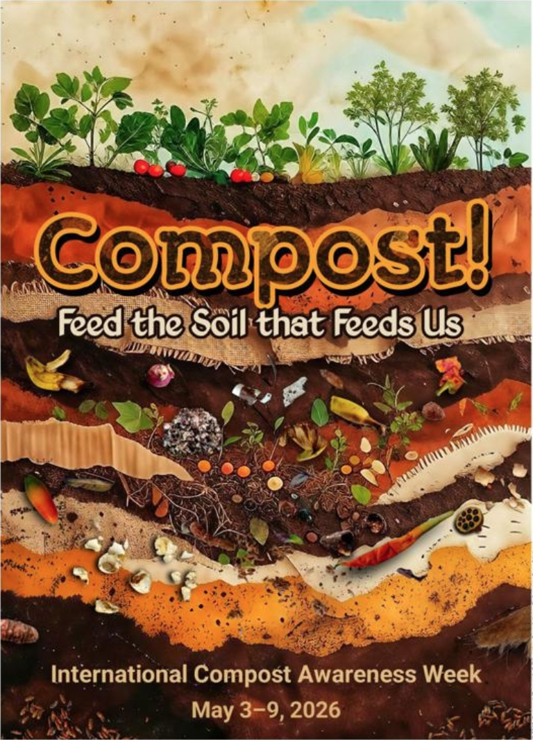 soil layers illustration with "compost! feed the soil that feeds us" text