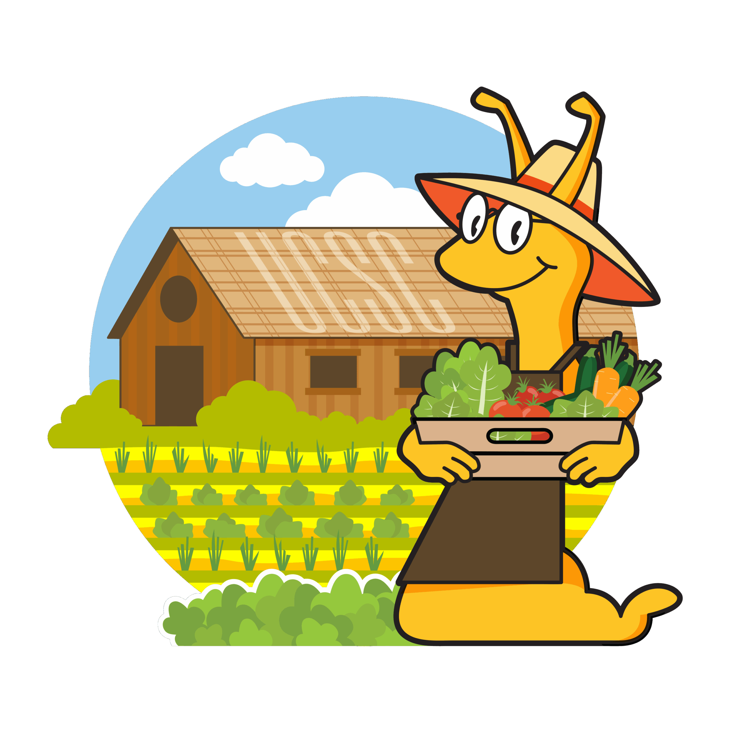 Illustration of Sammy Slug on the farm wearing a sun hat and carrying a basket of fresh produce