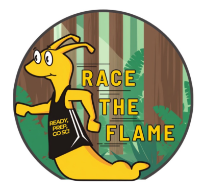 Race the Flame logo with Sammy the Slug racing through the forest and jersey reading "Ready, prep, go SC!"