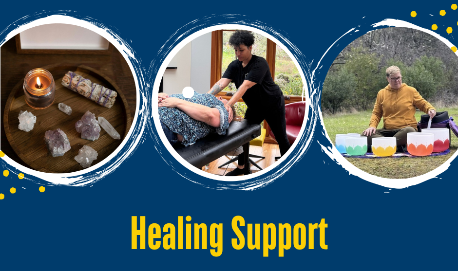 Graphic titled “Healing Support” featuring a candle and crystals, a massage session, and a sound bath with colorful singing bowls.