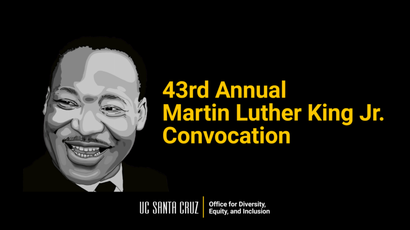 Promotional graphic featuring grayscale illustration of Martin Luther King Jr. smiling.