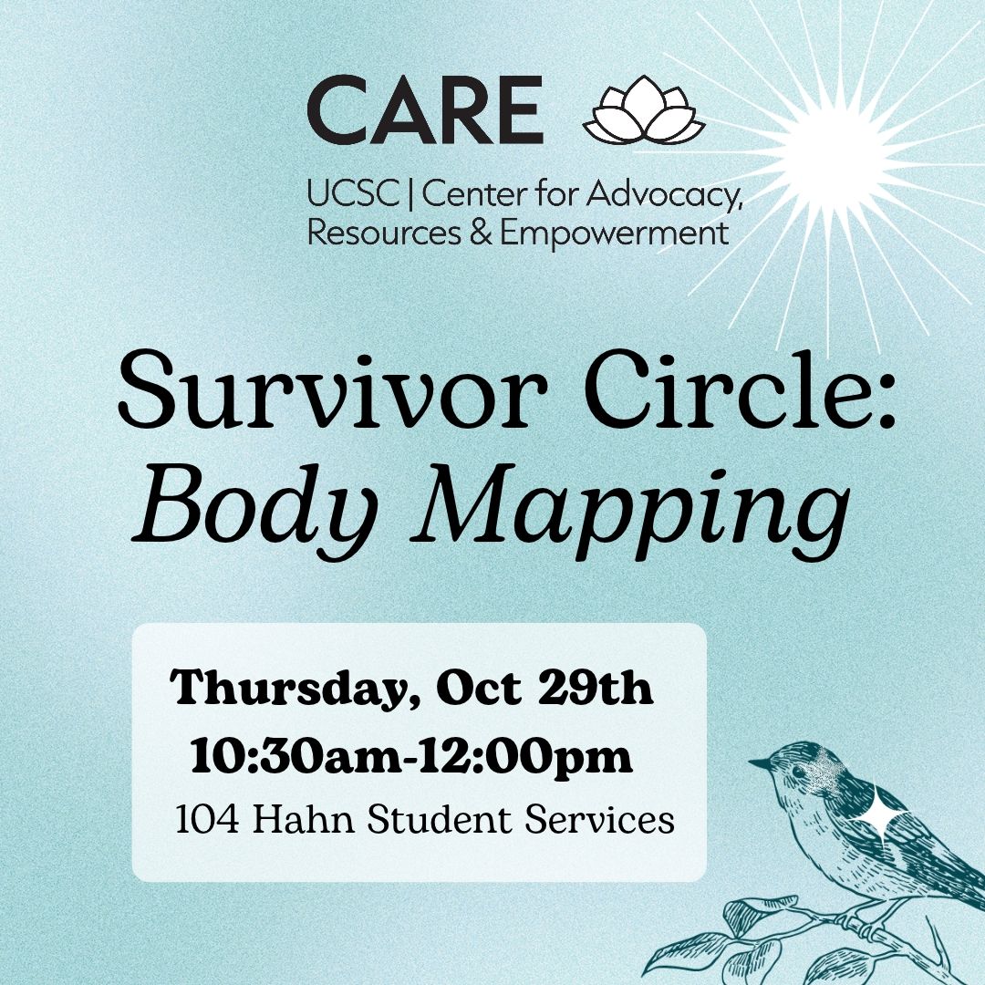 Flyer for Survivor Circle: Body Mapping by UCSC CARE featuring a stylized bird illustration and soft sunburst background.